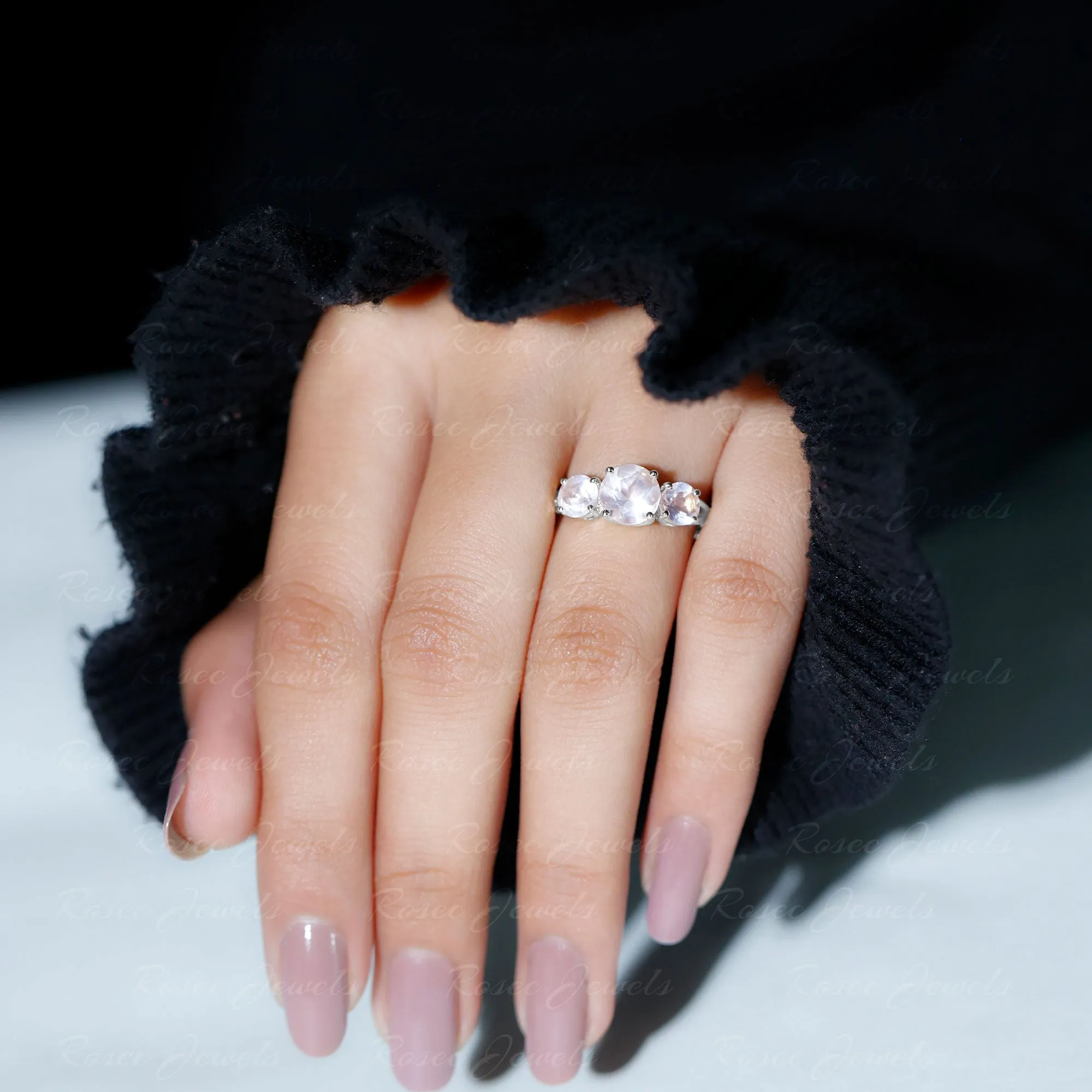 Round Shape Rose Quartz Three Stone Crossover Ring