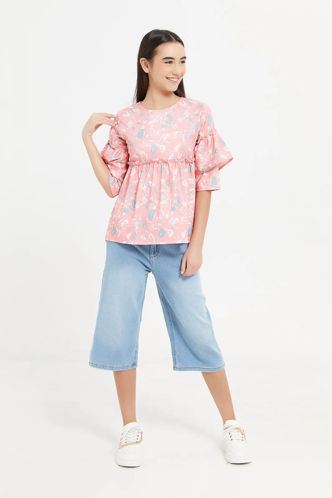 Senior Girls Coral Floral Ruffled Sleeve Top