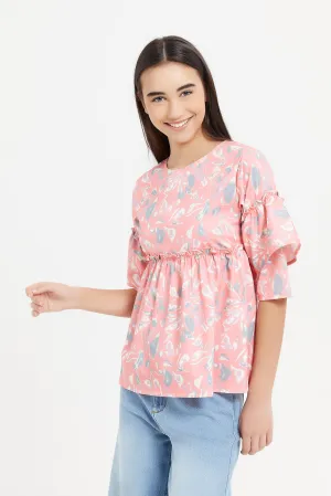 Senior Girls Coral Floral Ruffled Sleeve Top