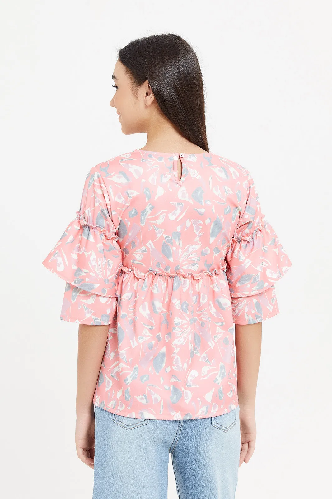 Senior Girls Coral Floral Ruffled Sleeve Top