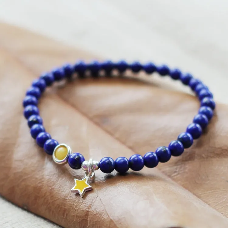 Silver Lapis Lazuli Bead Bracelet Handmade December Birthstone Jewelry Women