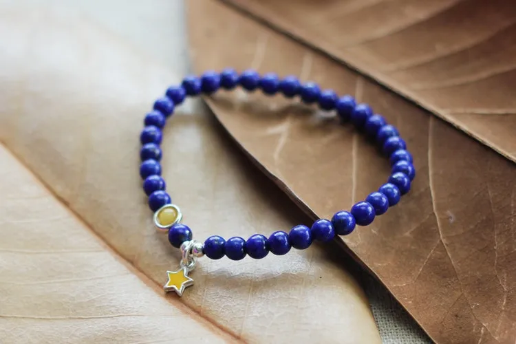 Silver Lapis Lazuli Bead Bracelet Handmade December Birthstone Jewelry Women