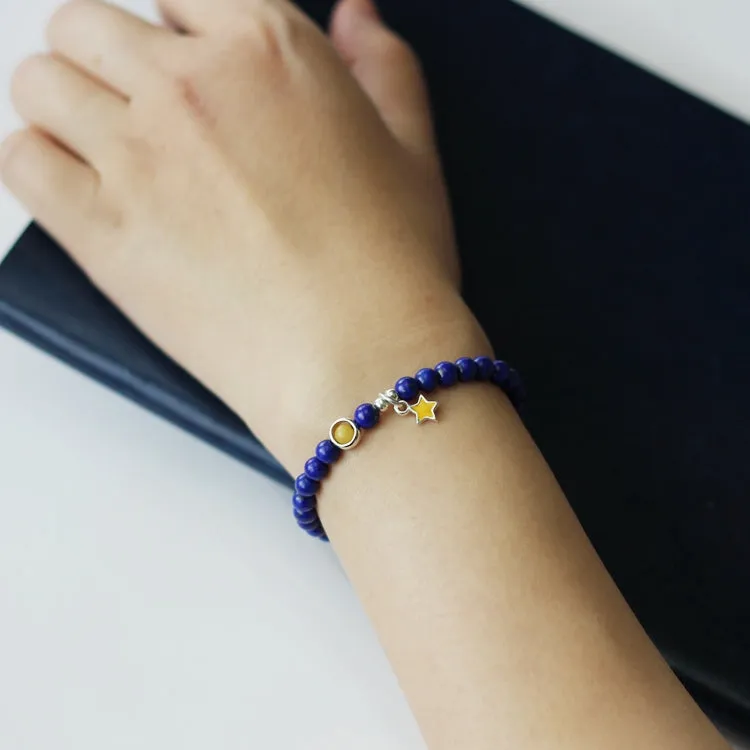 Silver Lapis Lazuli Bead Bracelet Handmade December Birthstone Jewelry Women