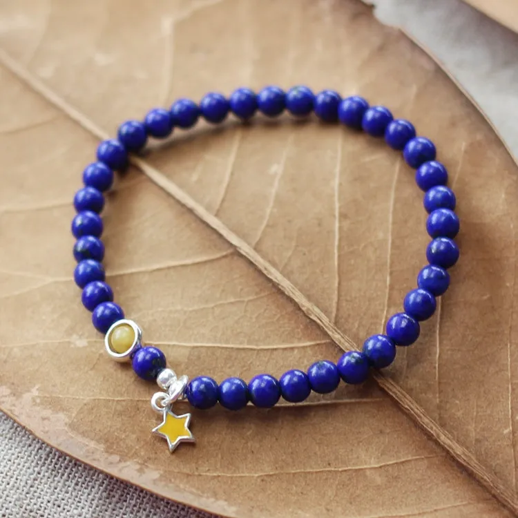 Silver Lapis Lazuli Bead Bracelet Handmade December Birthstone Jewelry Women