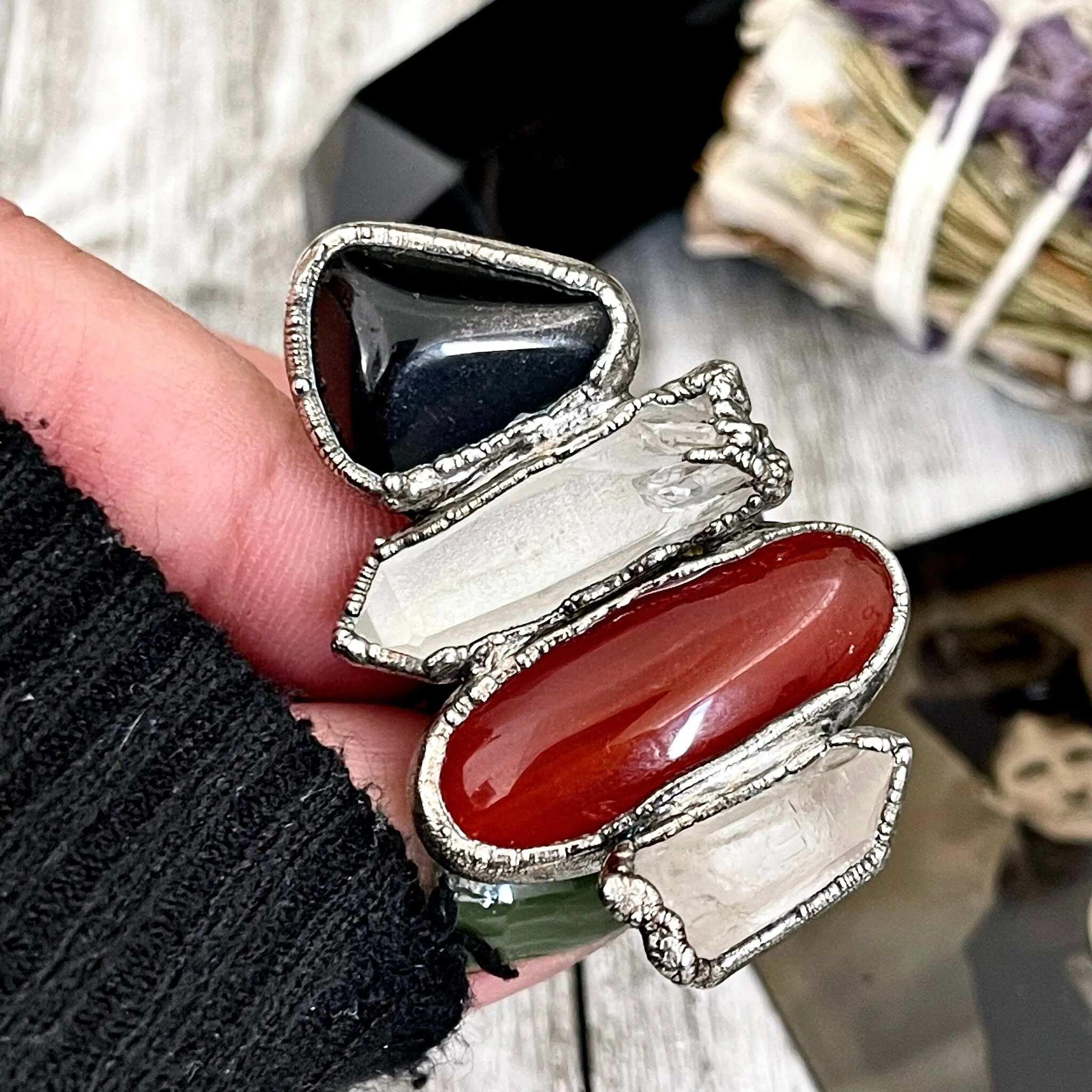 Size 10 Crystal Ring - Four Stone Black Onyx Red Carnelian Clear Quartz Ring In Silver  / Foxlark - One of a Kind /