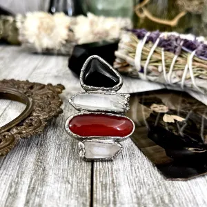 Size 10 Crystal Ring - Four Stone Black Onyx Red Carnelian Clear Quartz Ring In Silver  / Foxlark - One of a Kind /