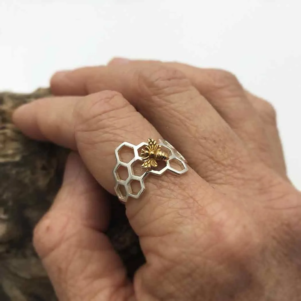 Sterling Honeycomb Ring with Bronze Bee