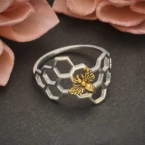 Sterling Honeycomb Ring with Bronze Bee