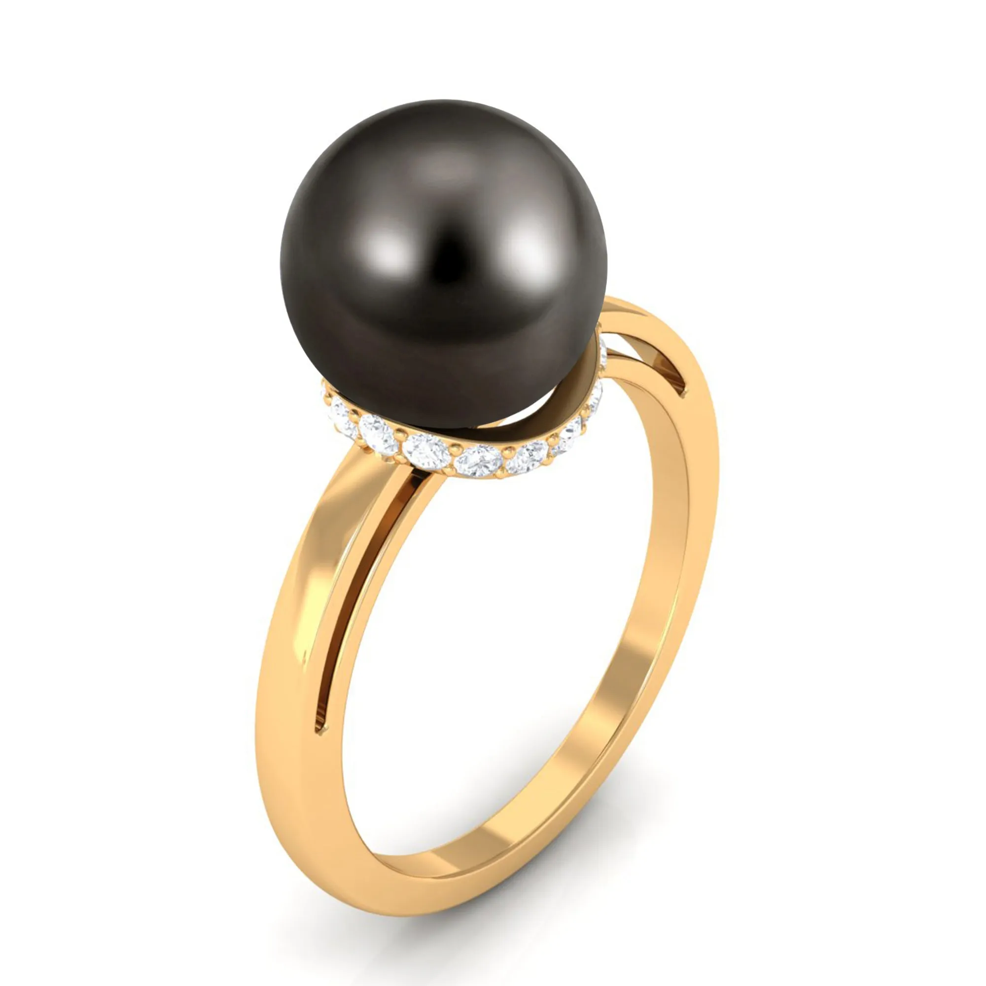 Tahitian Pearl Solitaire Engagement Ring with Diamond Surprise Halo