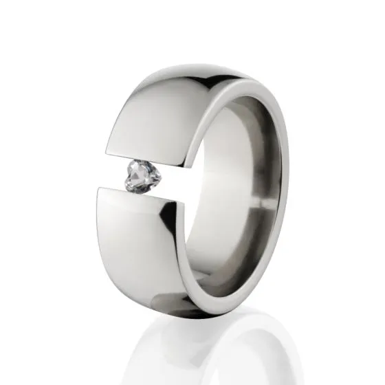 Tension Set 8mm Ring, Titanium Ring, Heart Gem