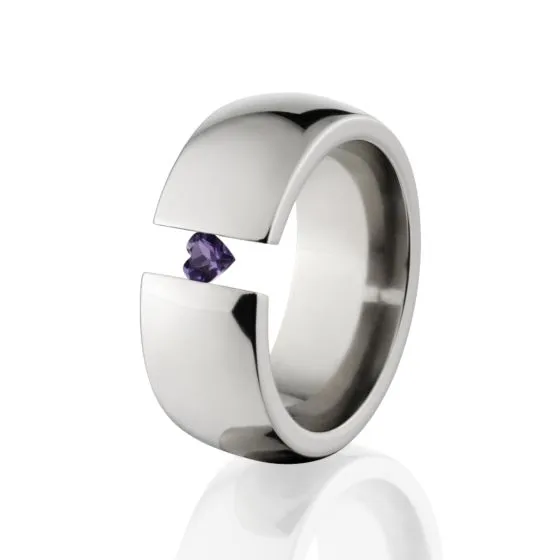 Tension Set 8mm Ring, Titanium Ring, Heart Gem