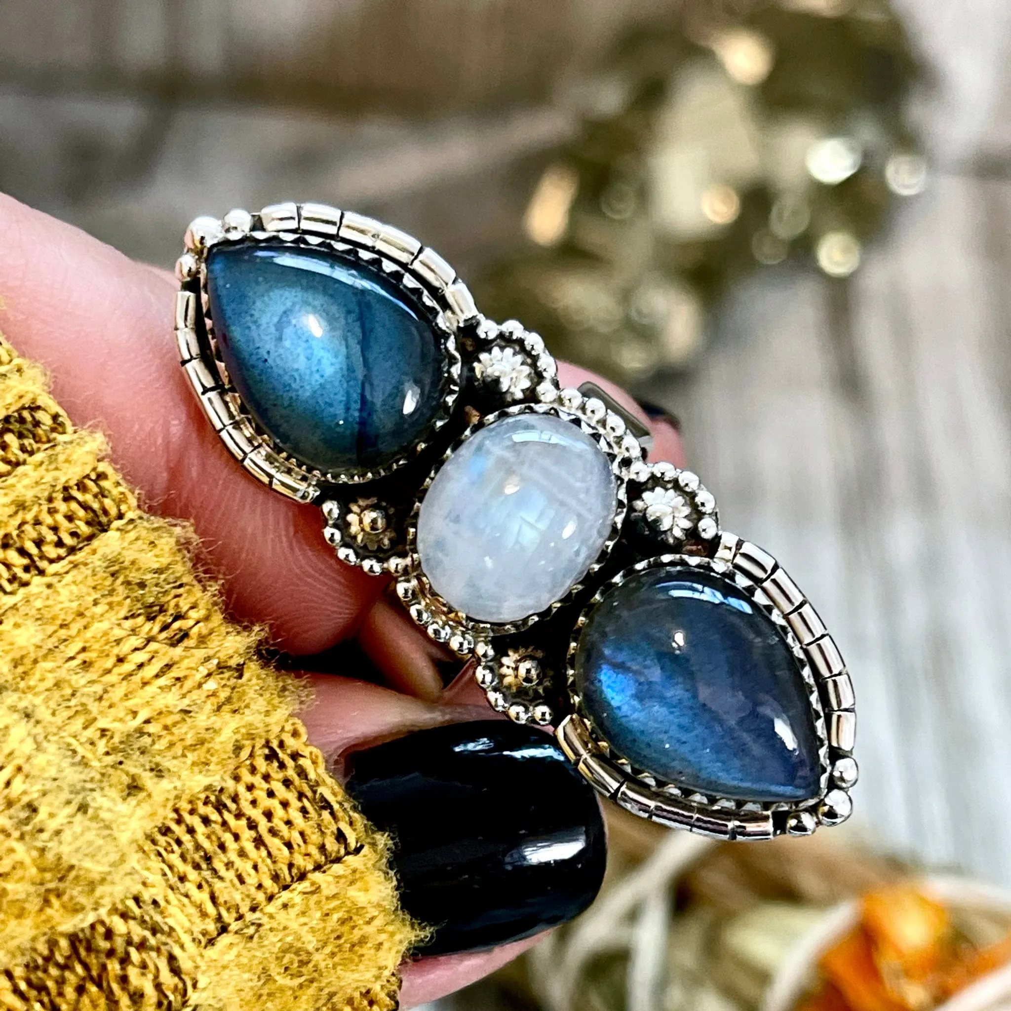 Three Stone Labradorite and Rainbow Moonstone Crystal Ring in Sterling Silver- Designed by FOXLARK Collection Adjustable to Size 6 7 8 9