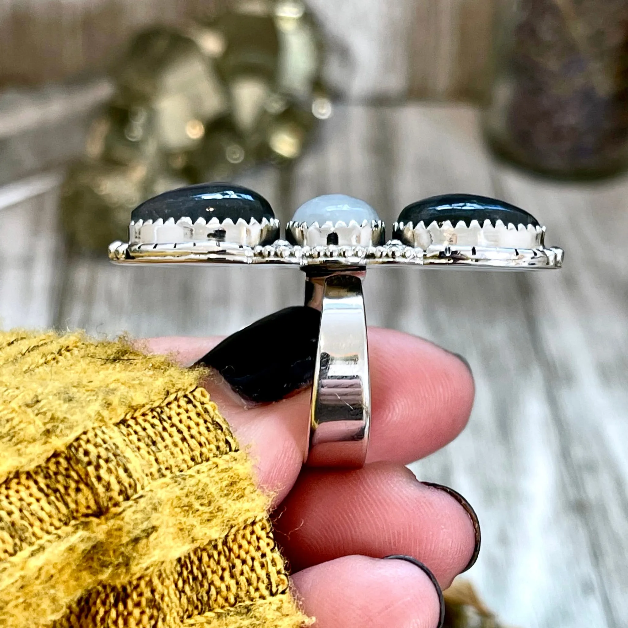 Three Stone Labradorite and Rainbow Moonstone Crystal Ring in Sterling Silver- Designed by FOXLARK Collection Adjustable to Size 6 7 8 9