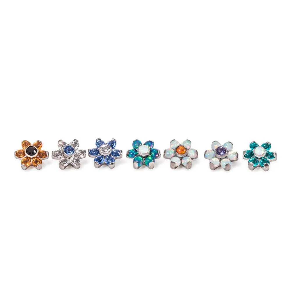 Tilum 14g-12g Internally Threaded Titanium Jewel Flower Top with Black Center - Choose Petal Jewel Color - Price Per 1