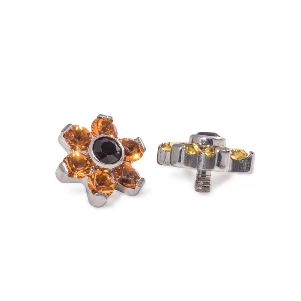 Tilum 14g-12g Internally Threaded Titanium Jewel Flower Top with Black Center - Choose Petal Jewel Color - Price Per 1