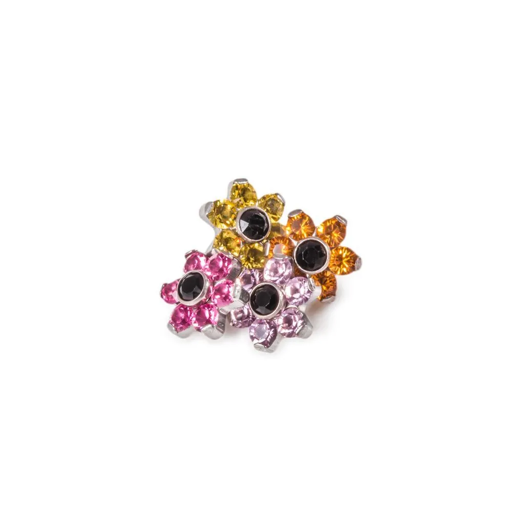 Tilum 14g-12g Internally Threaded Titanium Jewel Flower Top with Black Center - Choose Petal Jewel Color - Price Per 1