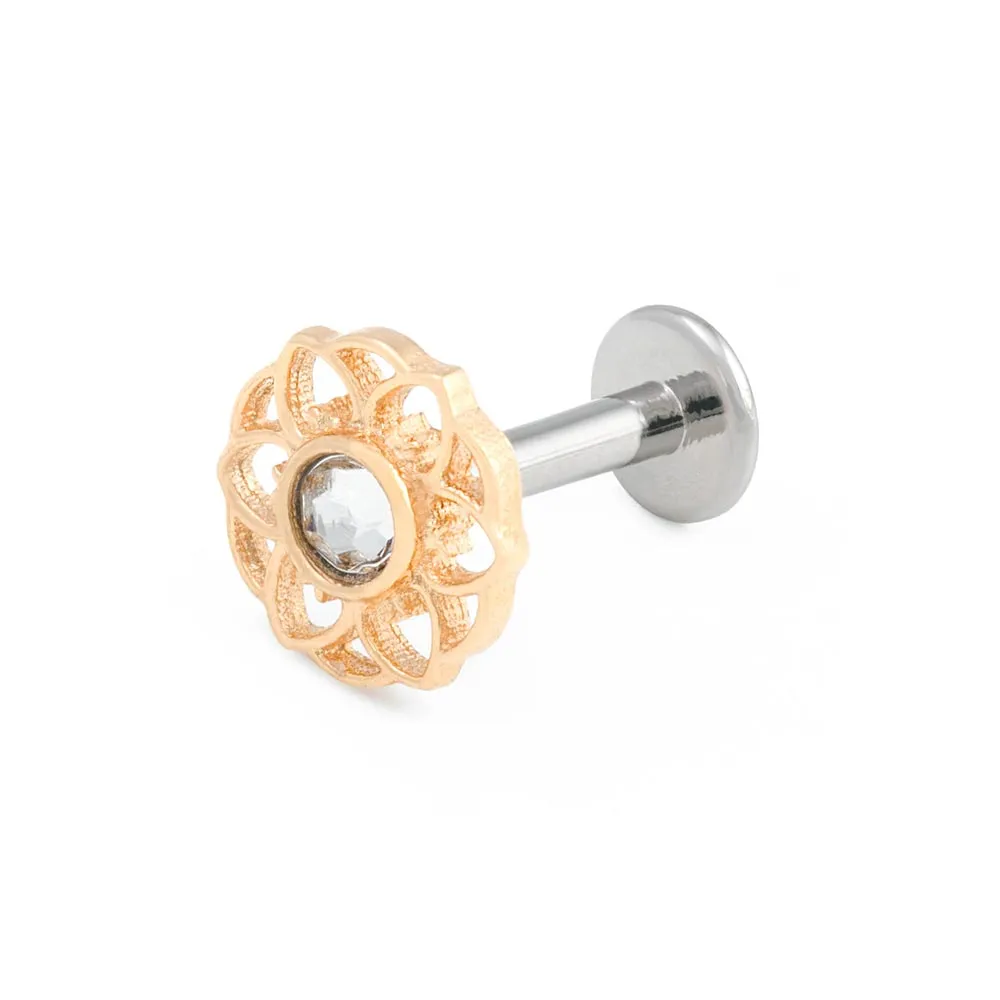 Tilum 14g-12g Internally Threaded Yellow Gold Hellebore Top - Crystal Jewel Center - Price Per 1