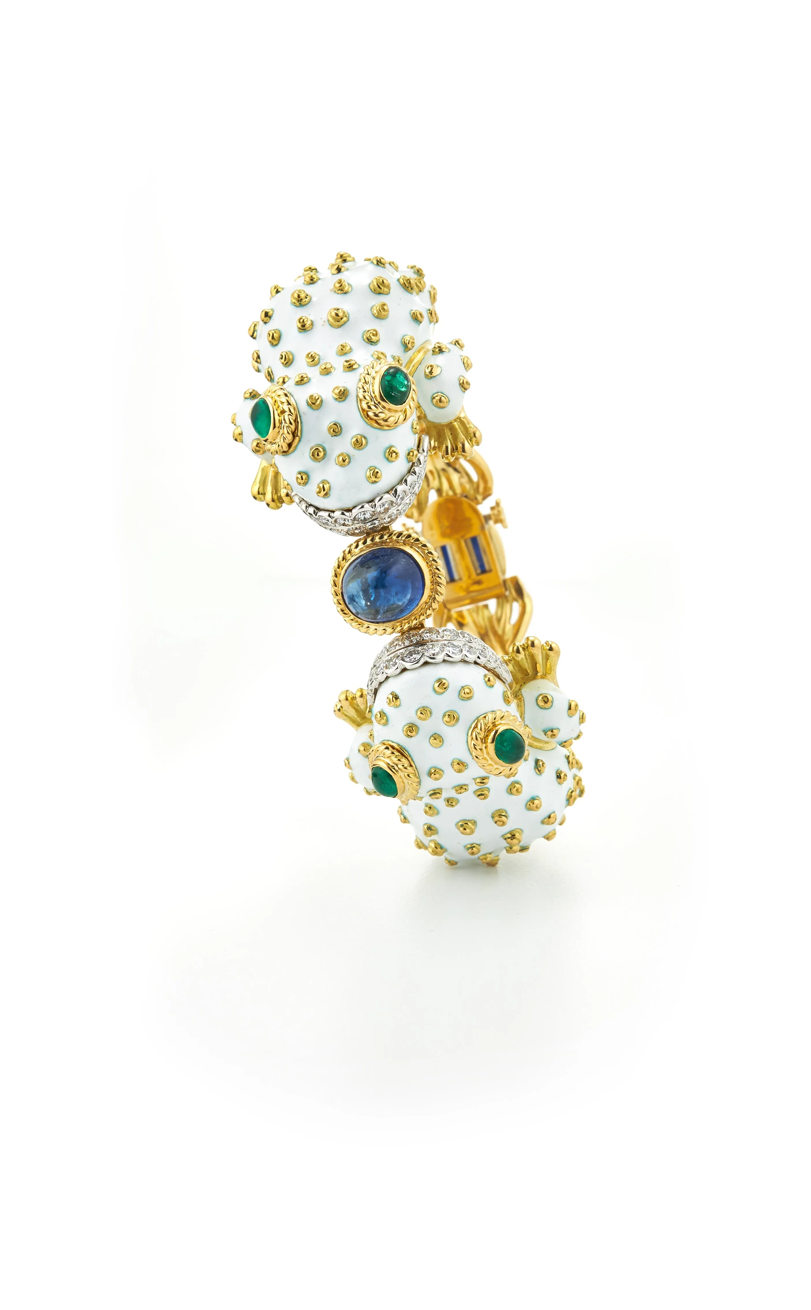 Twin Frog Bracelet, White Enamel, Sapphire