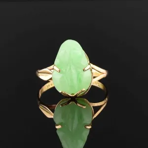 Vintage 10K Gold Carved Jade Frog Ring