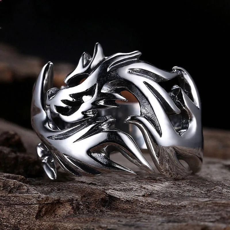 Vintage Flame Dragon Silver Ring for Men: Zodiac-Inspired Elegance