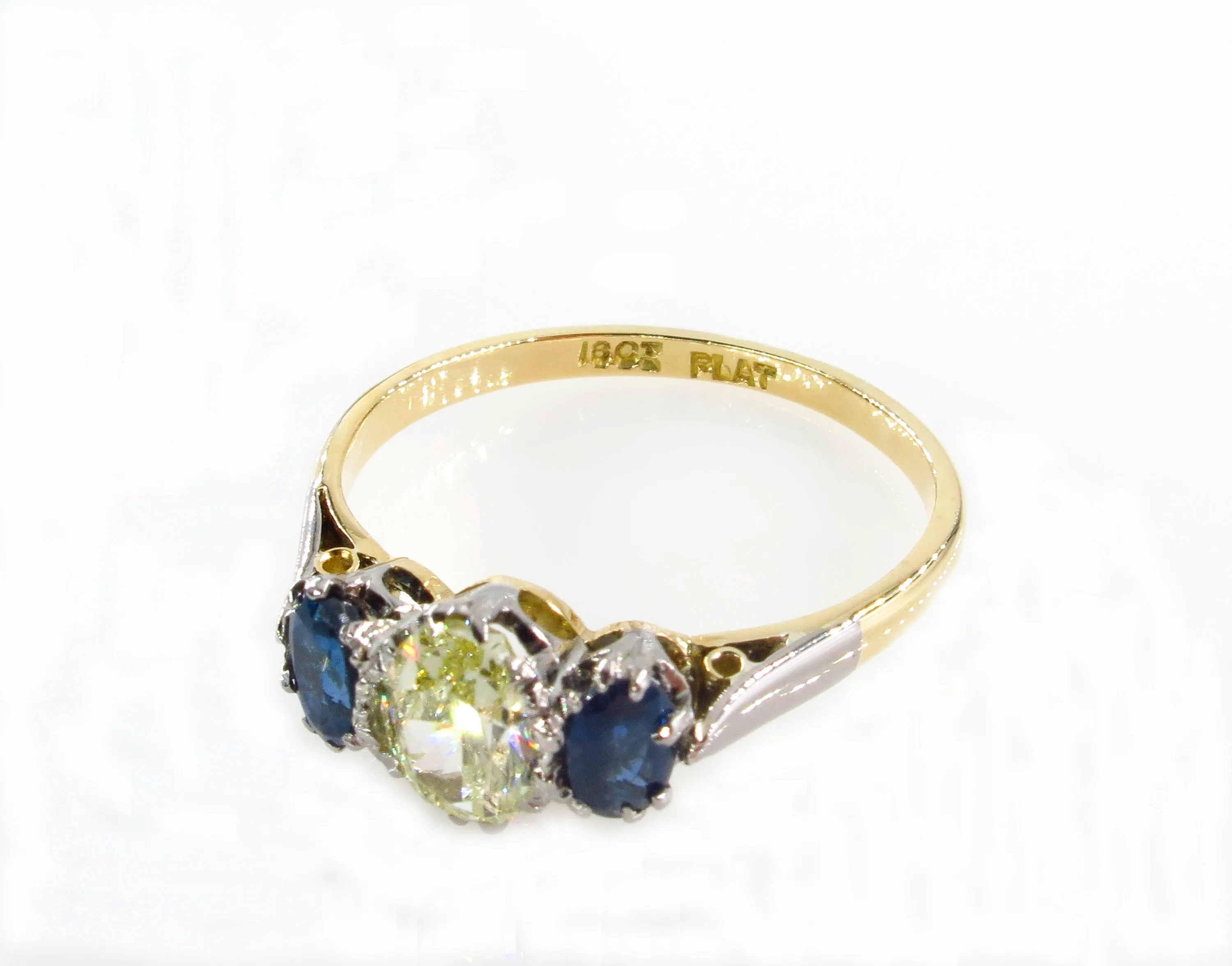 Vintage GIA "Canary" 1.54ct Yellow OVAL Diamond Sapphire 3 Stone Plat 18k Engagement Ring