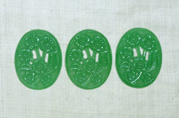 Vintage Glass Cabochons, Jade Green Floral Oval